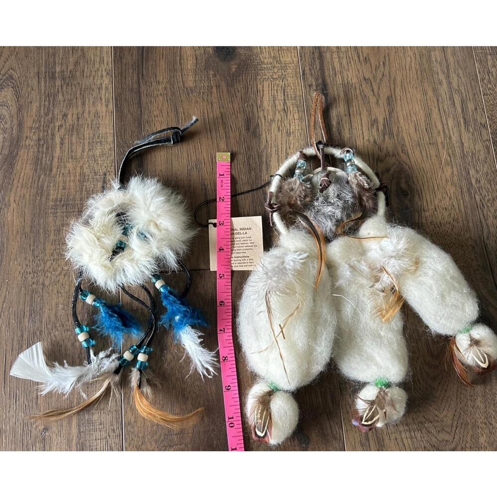 2 Indian mandalas handmade wool, Rabbit fur, leather beads, feathers  10" & 3 "